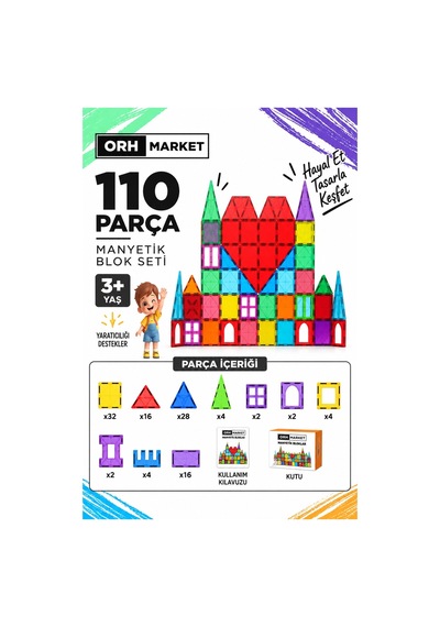 ORH Market 110 Parça 7.5 Cm Büyük Boy Manyetik Blok Seti Güçlü Mıknatıslı Zeka Geliştirici Eğitici Oyuncak