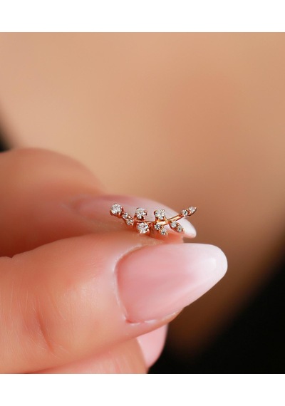14 Ayar Altın Rose Taşlı Dal Tragus Piercing Sarı Altın