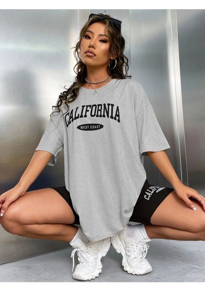 Flood Of Style Kadın Siyah Beyaz Calıfornıa Baskılı Bisiklet Yaka Tshirt