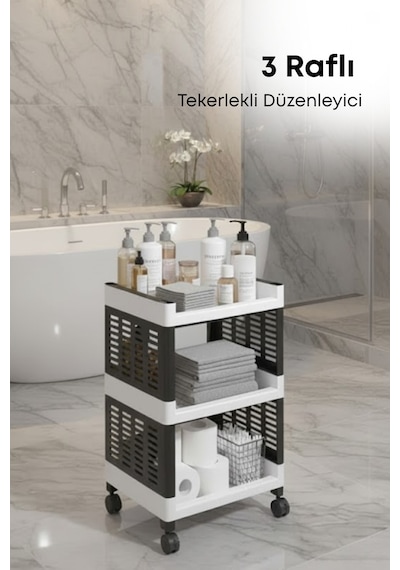 Grimorlife 3 Raflı Banyo Düzenleyici Mutfak Rafı Banyo Dolabı Çok Amaçlı Plastik Mutfak Düzenleyici-siyah Siyah