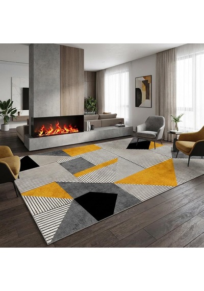 Hardal Gri Geometrik Üçgen Desenli Modern Dijital Baskılı Kaymaz Tabanlı Yıkanabilir Halı Hardal