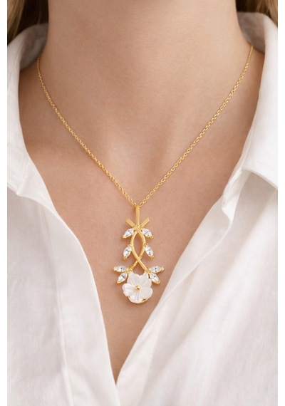 Çekirdekjewelry 925 Ayar Gümüş Manolya Çiçekli Ters Kolye Sarı