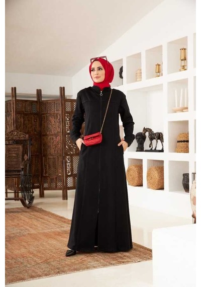Neways 6579-denim Fermuarlı Ferace Siyah Siyah