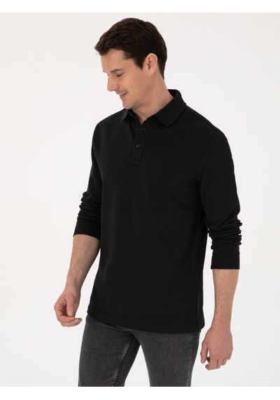 Siyah Regular Fit %100 Pamuk 3 İplik Polo Yaka Sweatshirt