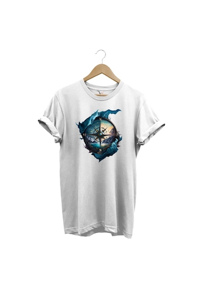 Renkli Manzara Ve Pusula Baskılı %100 Pamuk Regular Fit Beyaz T-shirt Beyaz