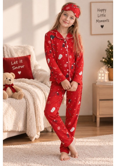Free Beka Yılbaşı Desenli Uzun Kollu Önden Düğmeli Gömlek Yaka Kız Çocuk Pijama Takımı Kırmızı Free Beka Yılbaşı Desenli Uzun Kollu Önden Düğmeli Gömlek Yaka Kız Çocuk Pijama Takımı Kırmızı