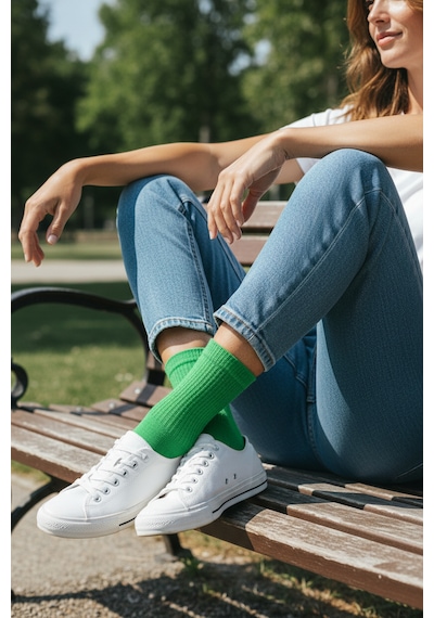 Socks Stores 6 Çift Unisex Renkli Pamuklu Soket Çorap - Renkli Tenis Boy Çorap Yeşil