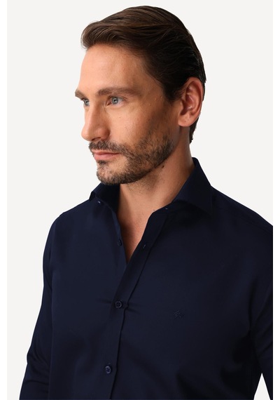 Igs Lacivert Slim Fit Dar Kalıp Klasik Yaka Düz Uzun Kollu Cepsiz %100 Pamuk Non Iron Ütü İstemeyen Gömlek -20002
