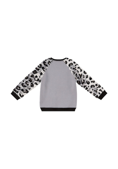 Kız Çocuk Kışlık Leopar Desenli Peluş Gri Uzun Kollu Sweatshirt 3-8 Yaş