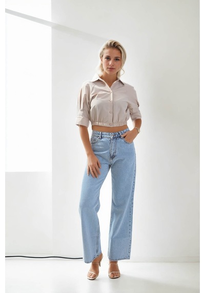 Vitrin Beli Lastikli Crop Gömlek Bej