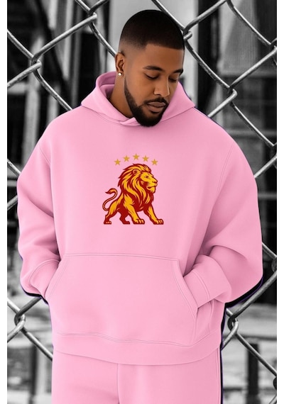 Benroma 3 İplik Penye Aslan Baskılı Büyük Beden Sweatshırt Pembe