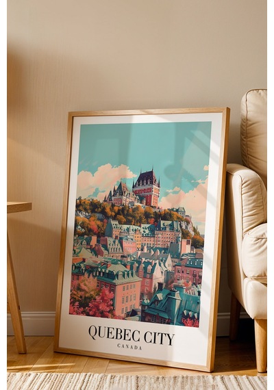 Quebec City Canada Vintage Seyahat Posteri Çerçeveli Tablo - Premium Şato Manzaralı Duvar Dekoru Kayın
