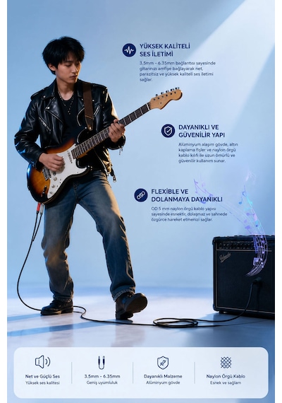 3.5mm - Çift 6.35mm Stereo Ses Kablosu 1.5 Metre, Amfi Mixer Gitar Hoparlör Sahne Ekipmanı Uyumlu, Sağ Sol Kanal, Altın Kaplama, Naylon Örgülü, Parazit Önleyici A160e