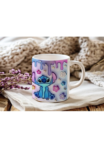 Stitch Pastel Mor Mavi Tasarımlı Kupa Bardak - Lilo And Stitch Hayranlarına Özel Hediye Beyaz