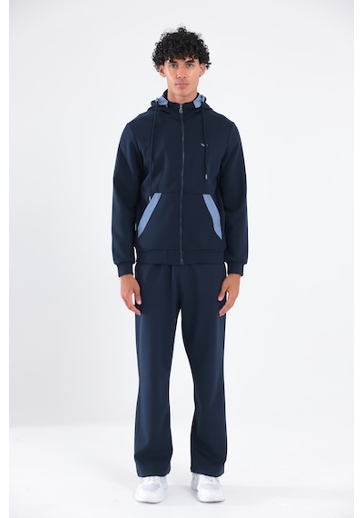 Rowinger Modal Kumaş Kapüşonlu Fermuarlı Kontrast Detaylı Erkek Sweatshirt Navyblue
