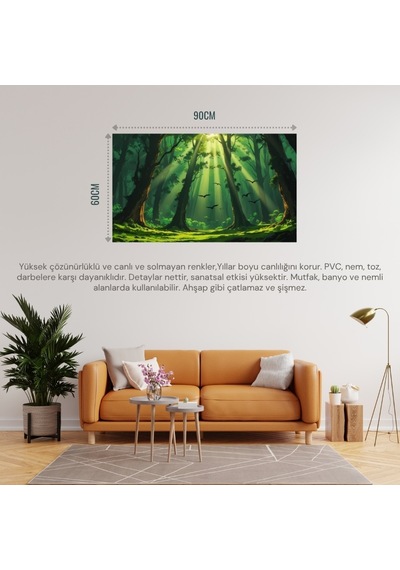 Doğa Ve Manzara Yatay Ağaçlar Güneş Işıkları Derin Orman Yemyeşil Yosun Kaplı Zemin Uçan Kuşlar 04 Çerçevesiz 90x60cm Pvc Tablo