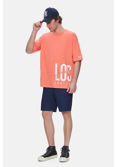 Ucla Ignıso Sıcak Pembe Bisiklet Yaka Baskılı Oversize Erkek Tshirt Sıcak Pembe