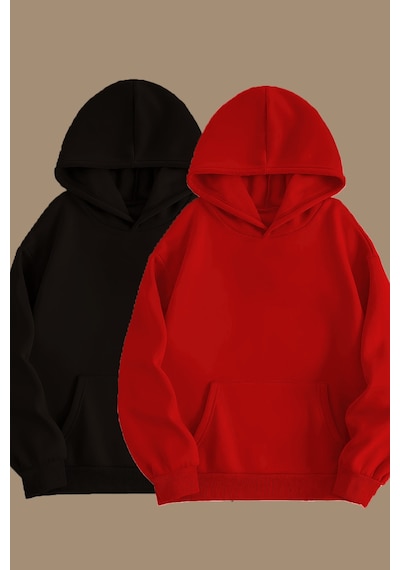 Blackjack Giyim Unisex Gri Siyah 2'li Kapüşonlu Oversize Sweatshirt Hoodie Siyah-kırmızı