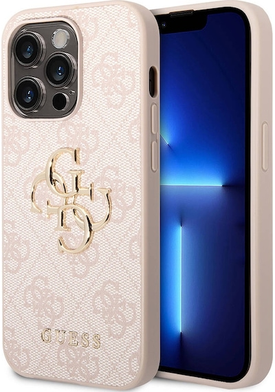 Apple Uyumlu iPhone 15 Pro Max Kılıf Guess Lisanslı Pu Deri Yazı Ve 4g Metal Logolu Desenli Kapak Pembe