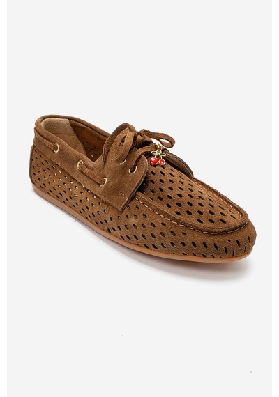 Luvishoes Stevo Taba Süet Hakiki Deri Delikli Bağcıklı Kadın Loafer Ayakkabı