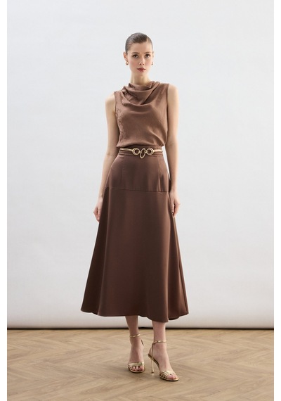 Sateen Yüksek Bel Saten Etek - Kahve-136782 Kahve