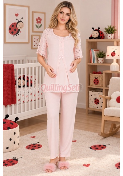 Lady Bebe Pembe Renkli Dantel Detaylı 33207 Kısa Kol 2 Parça Lohusa Hamile Pijama Takımı Açık Pembe