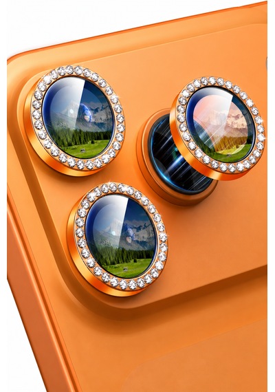 İphone 17 Pro / 17 Pro Max Uyumlu Taşlı Kamera Lens Koruyucu Kozmik Turuncu