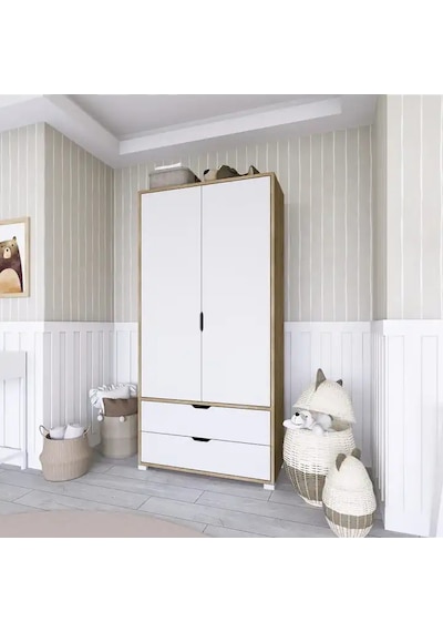 90 Cm Açık Ceviz-beyaz 2 Kapılı 2 Çekmeceli Elbise Dolabı - Gardırop Açık Ceviz & Beyaz 90 Cm Açık Ceviz-beyaz 2 Kapılı 2 Çekmeceli Elbise Dolabı - Gardırop Açık Ceviz & Beyaz