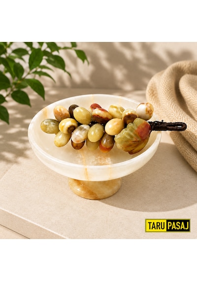 Feng Shui Bereket Üzümü Ve Van Taşı Ayaklı Çanak Seti 30 Taneli Doğal Taş Üzüm Salkımı Dekor 5 İnç El Yapımı Çanak Kahverengi