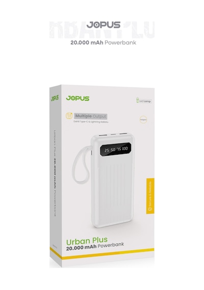Jopus 20000mah Powerbank Dahili Kablolu, Lcd Ekranlı, Led Lambalı, Taşınabilir Şarj Cihazı Beyaz