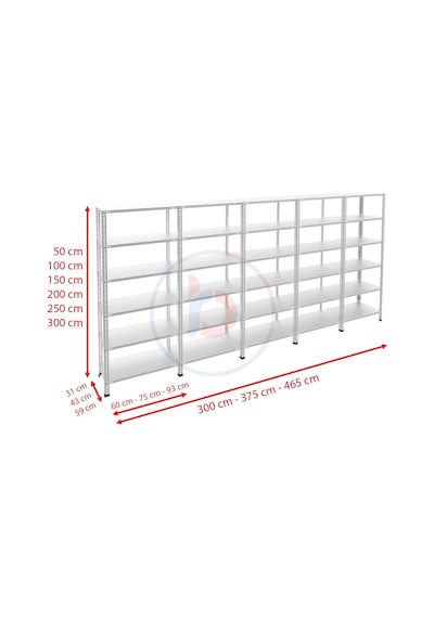 Raf Burada  6 Katlı 5'li Galvaniz Çelik Raf - Depo, Arşiv, Kiler, Dosya, Market Rafı-59x93 cm-150 cm-1.00 mm