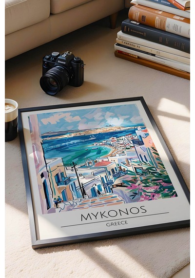 Yunanistan Mykonos Temalı Çerçeveli Tablo Travel Serisi Modern İllüstrasyon Ada Duvar Dekoru Siyah