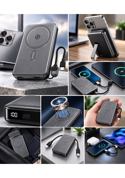 Mi 15 Uyumlu Manyetik Kablosuz Powerbank Standlı, Dijital Göstergeli Taşınabilir Hızlı Şarj Cihazı Siyah