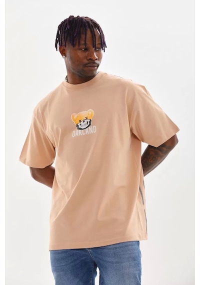 Unisex Baskılı Oversize T-shirt - Bej Bej