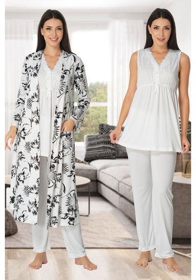 Kaktüslohusa Effortt 8034 Ekru Desen Sabahlıklı Lohusa Pijama Ekru