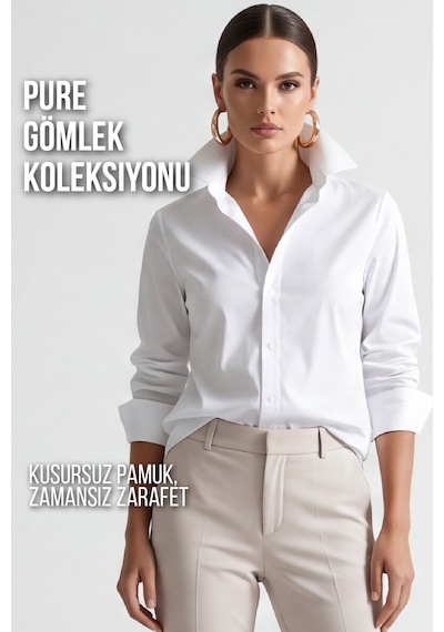 Goffra Kadın Pure 50/1 Kompakt Pamuk Likralı Gömlek - Pürüzsüz Doku Minimalist Klasik Kesim- Beyaz W205-k0304-01