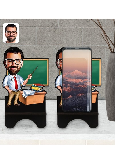 Kişiye Özel Erkek Öğretmen Karikatürlü Ahşap Biblo Telefon Standı (533056758)