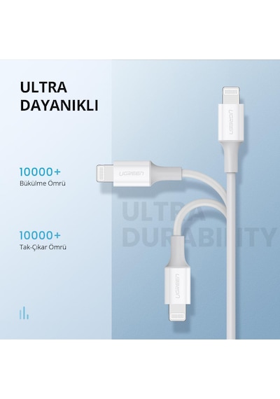 Ugreen 60749 Type-C to Lightning 3A PD MFi Sertifikalı Hızlı Şarj Kablosu 2 Metre Beyaz