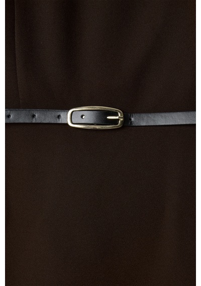 Sateen Kemerli Mini Elbise - Kahve-137568
