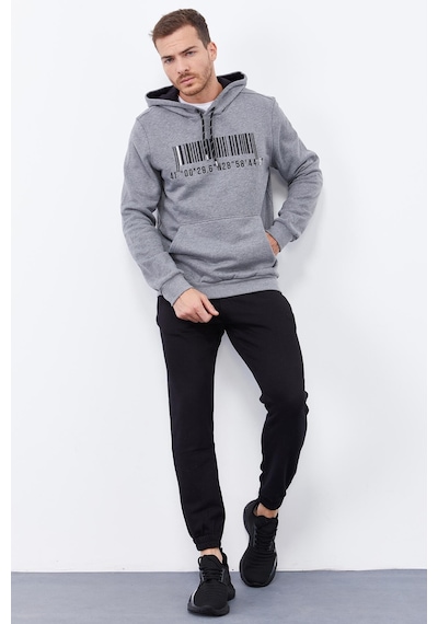 Tommy Life Gri Melanj Nakışlı Kanguru Cep Standart Kalıp Kapüşonlu Erkek Sweatshirt - 87839 GRİ MELANJ