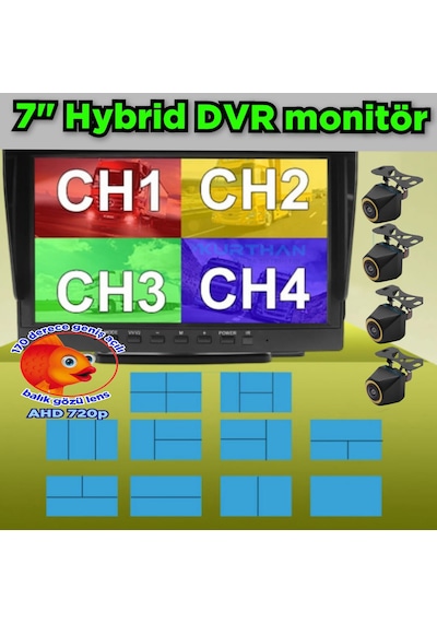 4 Adet 4x3 Cm. Ahd 720p 170 Derece Balık Gözü Lens Kamera 7 İnç 256 Gb Qled Dvr Monitör Seti 12 V