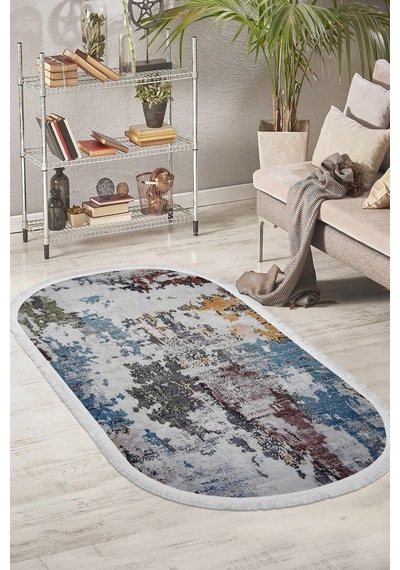 Dijidekor Halı Mavi Cool Modern Saçaklı Oval Kaymaz Kesme İnc... Mavi