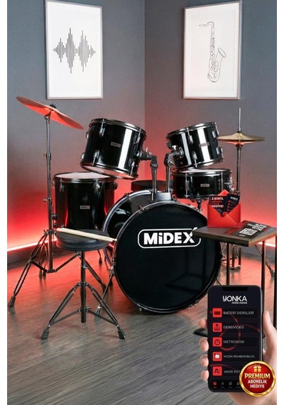 Midex CD900X-BK 22'' Yetişkin Akustik Bateri Davul Seti 22B-13T-12T-16F-14S (5 Parça)
