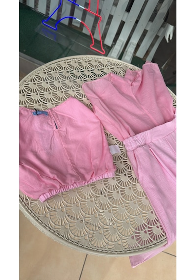 Magu Kız Çocuk Pamuklu Kolsuz Bluz Ve Bol Paça Pantolon Takım - Yazlık Şıklık Pembe
