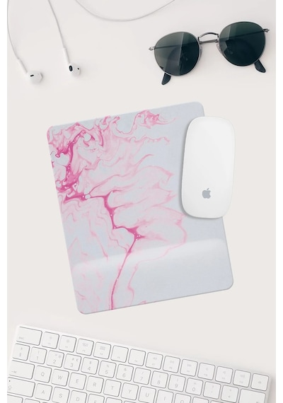 Pembe Beyaz Desenli Bilek Destekli Dikdörtgen Mouse Pad Mouse Altlığı. Mousepad
