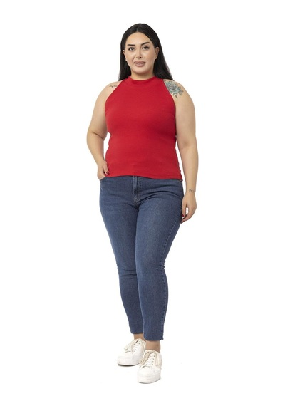 Disentis Büyük Beden Halter Yaka Yarım Balıkçı Fitilli Kaşkorse Kırmızı Body-kırmızı Kırmızı