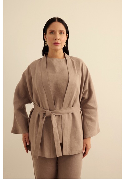 Aker Seyyar Kuşaklı Keten Kimono Vizon Vizon