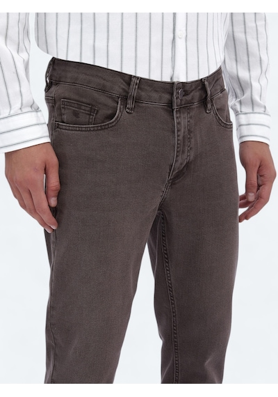 Kip Kahverengi Düz Slim Fit Denim Pamuk Karışımlı Pantolon