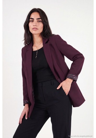 Lela Standart Fit Mono Yaka Desenli Astar Detaylı Blazer Ceket Kadın Ceket 6524003 Mürdüm