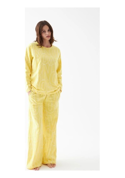 İkikareshop Kadın Oversize Sarı Desenli Pamuklu Kalın Pijama Takımı Çok Renkli